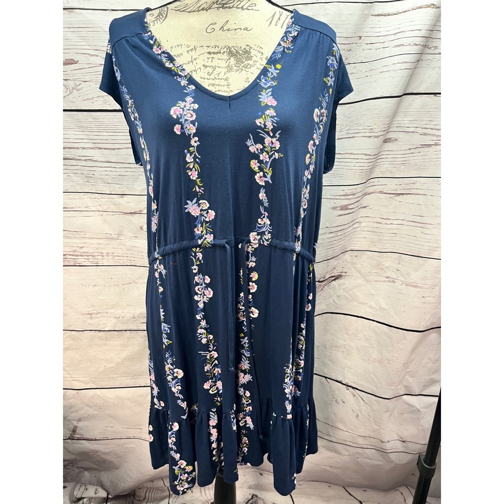 Lucky Brand Womens Navy Blue Floral V-Neck Drawstring‎ Waist Ruffle Hem Dress L